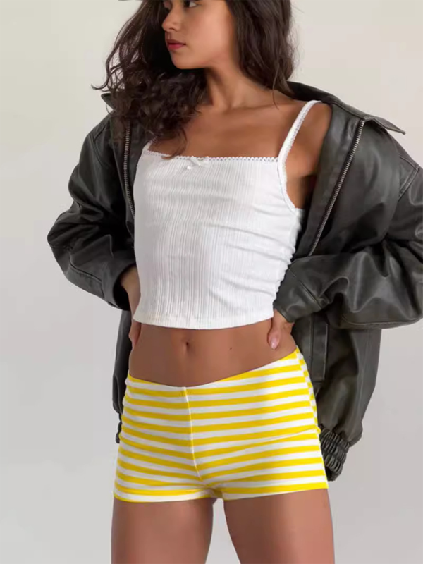 Lounge Set- Striped Crop Tee & Shorts Lounge Outfit for Women- Yellow- IndioGear.com