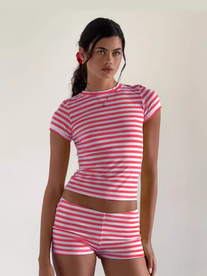 Lounge Set- Striped Crop Tee & Shorts Lounge Outfit for Women- - IndioGear.com