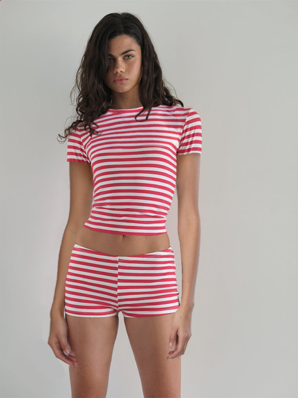 Lounge Set- Striped Crop Tee & Shorts Lounge Outfit for Women- Red- IndioGear.com