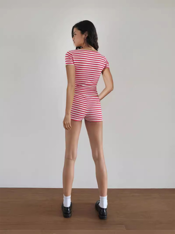 Lounge Set- Striped Crop Tee & Shorts Lounge Outfit for Women- - IndioGear.com