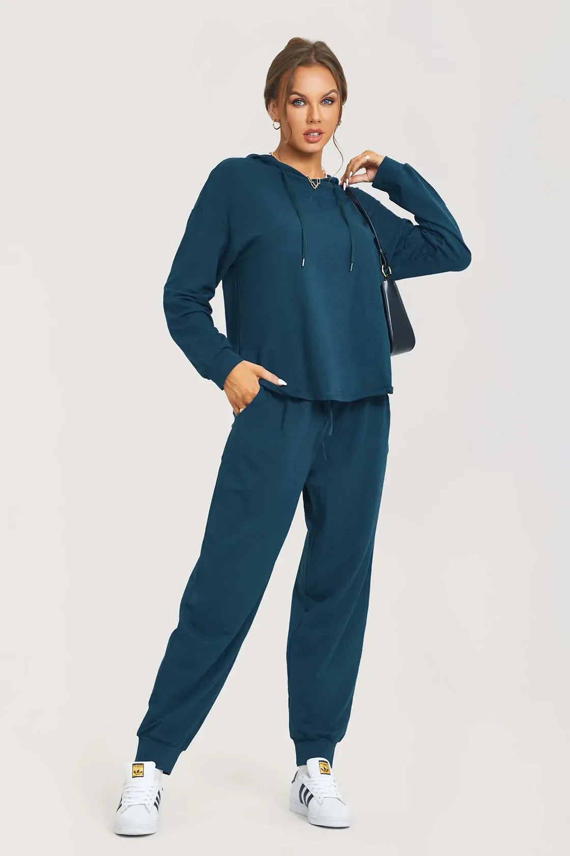 Loungewear- All-Day Soft Cotton Lounger Set with Hood- Poseidon Blue- IndioGear Women Clothing