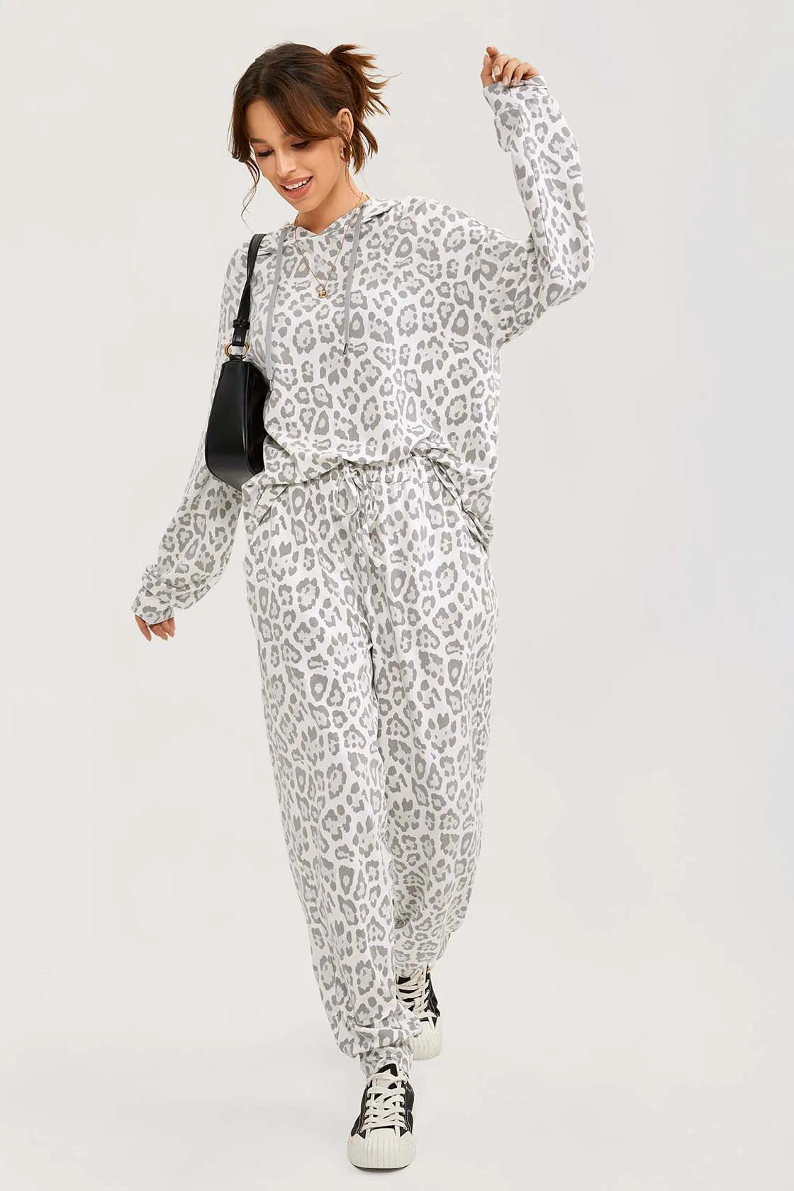 Loungewear- All-Day Soft Cotton Lounger Set with Hood- White Leopard- IndioGear Women Clothing