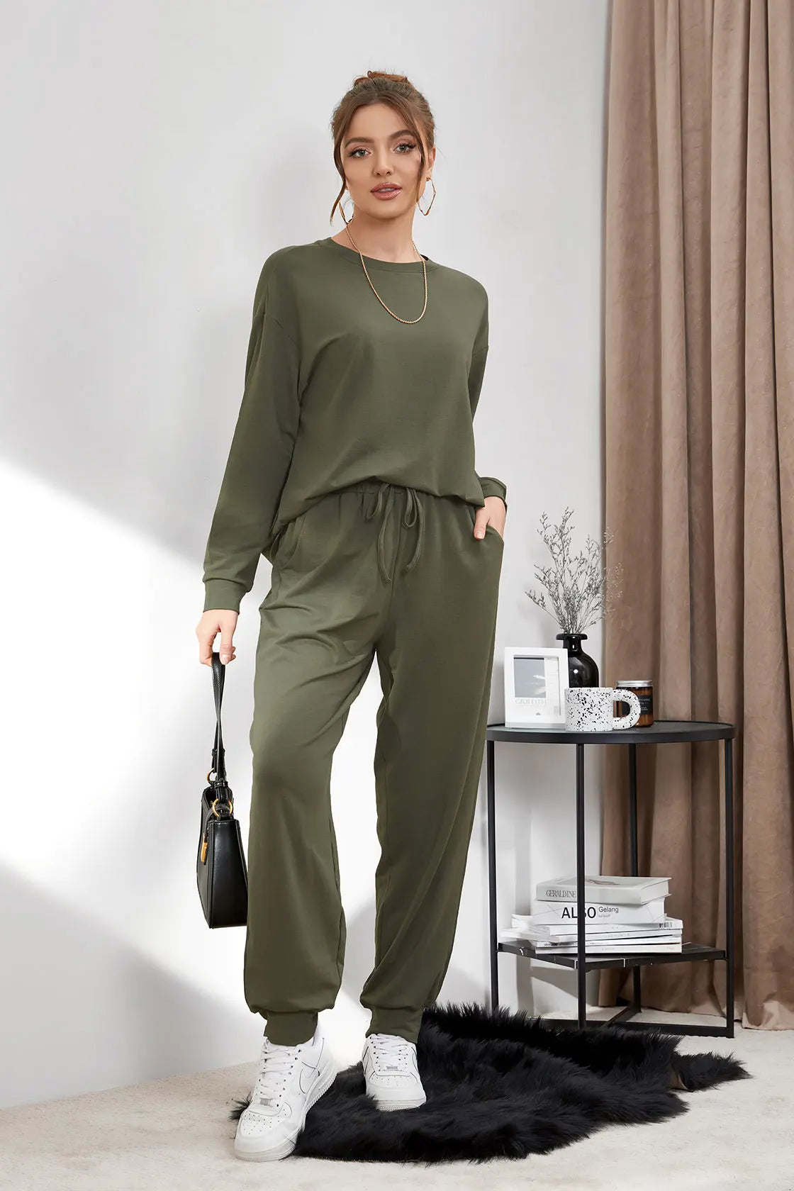 Loungewear- All-Day Soft Cotton Lounger Set with Hood- Dusty Olive- IndioGear Women Clothing