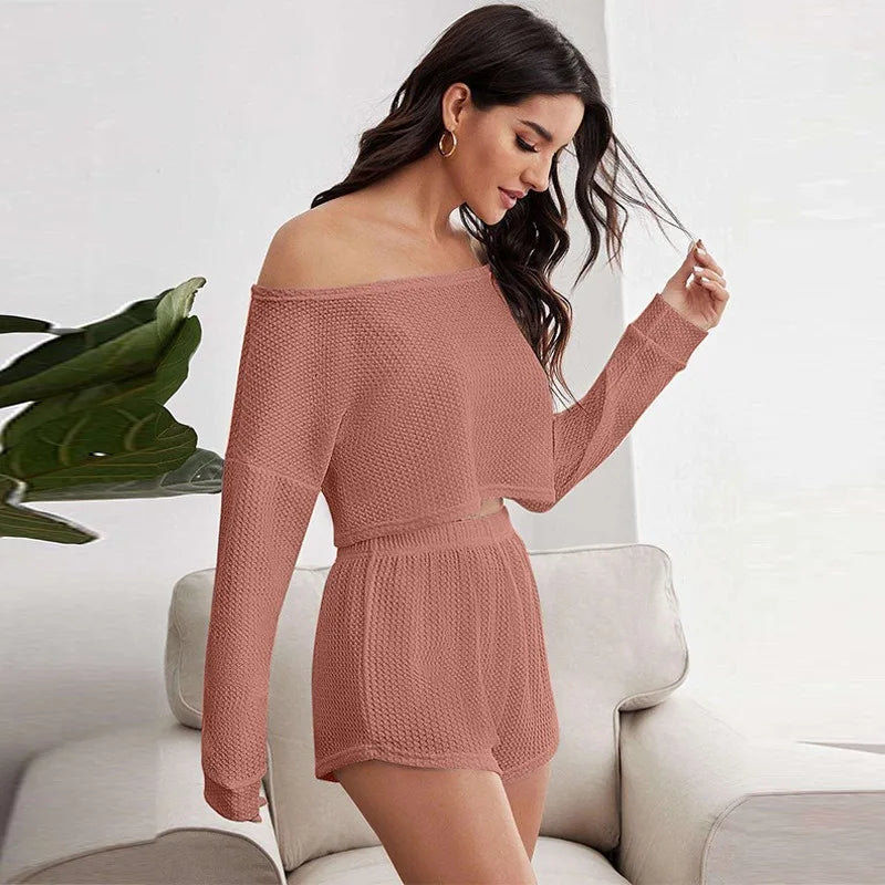 Loungewear- Breathable Waffle Knit Crop Top & Shorts Loungewear Set- - IndioGear Women Clothing