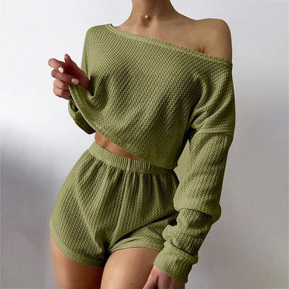 Loungewear- Breathable Waffle Knit Crop Top & Shorts Loungewear Set- Olive green- IndioGear Women Clothing