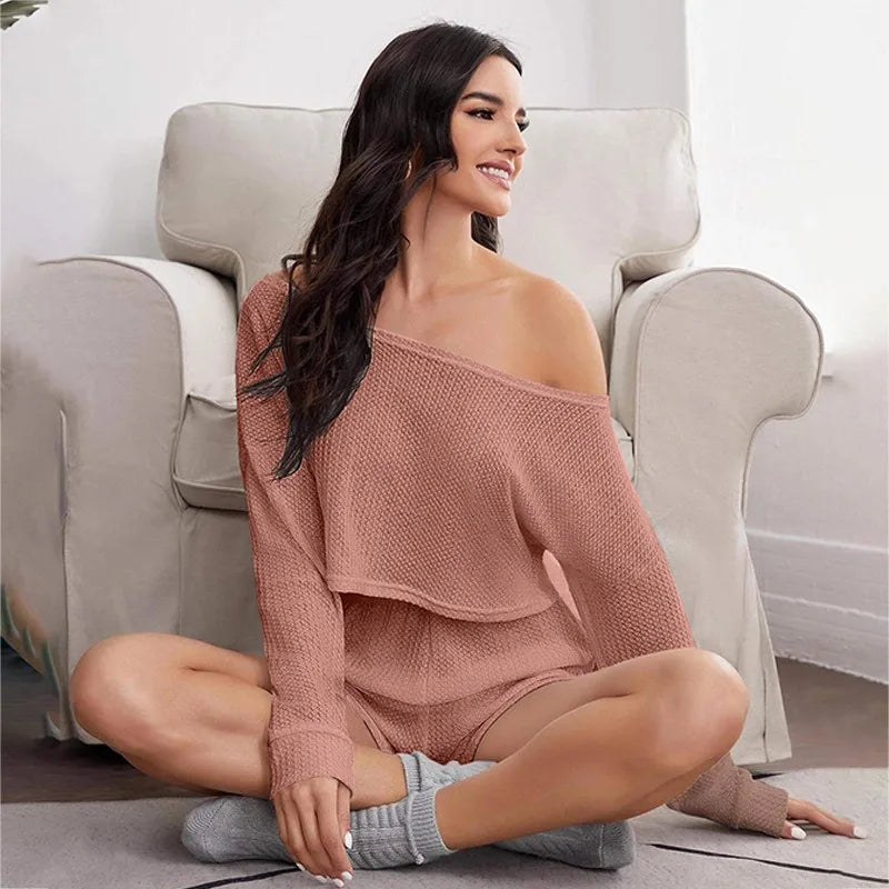 Loungewear- Breathable Waffle Knit Crop Top & Shorts Loungewear Set- - IndioGear Women Clothing