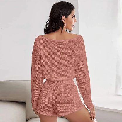 Loungewear- Breathable Waffle Knit Crop Top & Shorts Loungewear Set- - IndioGear Women Clothing