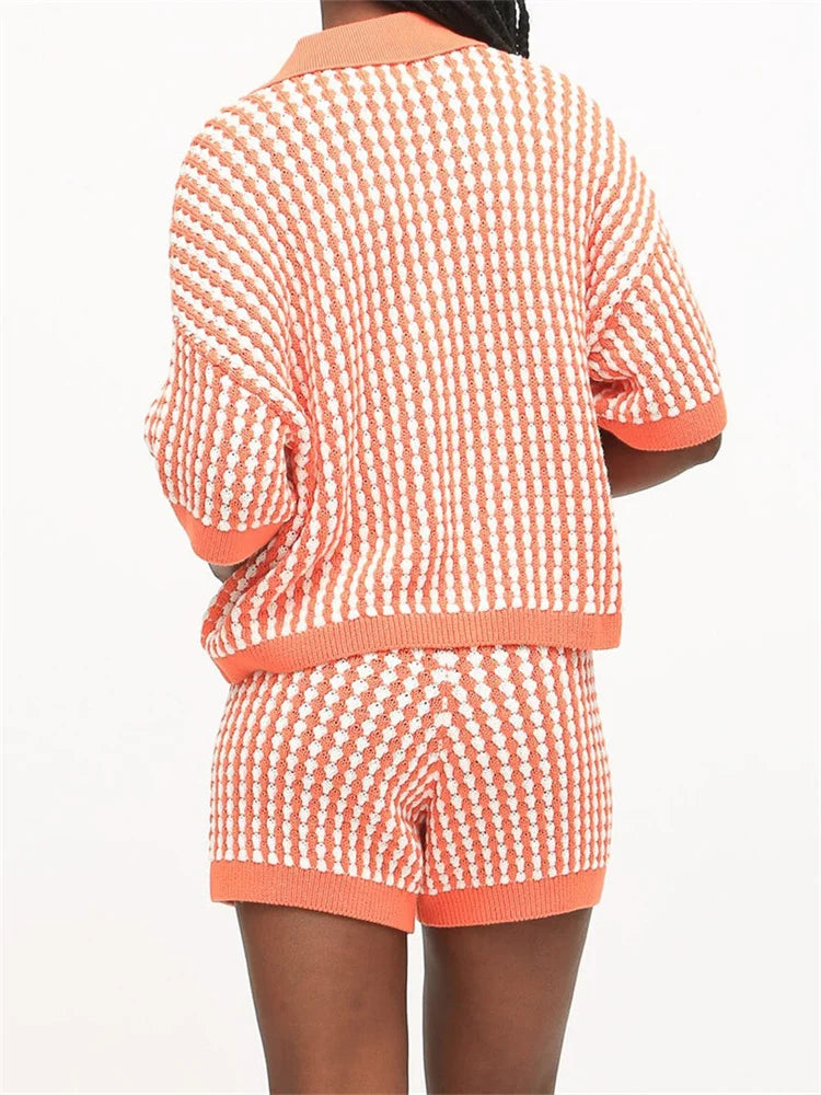 Loungewear - Button-Up Top & Shorts Knitted Loungewear