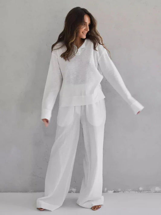 Loungewear- Cotton Blend Wide-Leg Pants & Top Loungewear Set- White- IndioGear Women Clothing