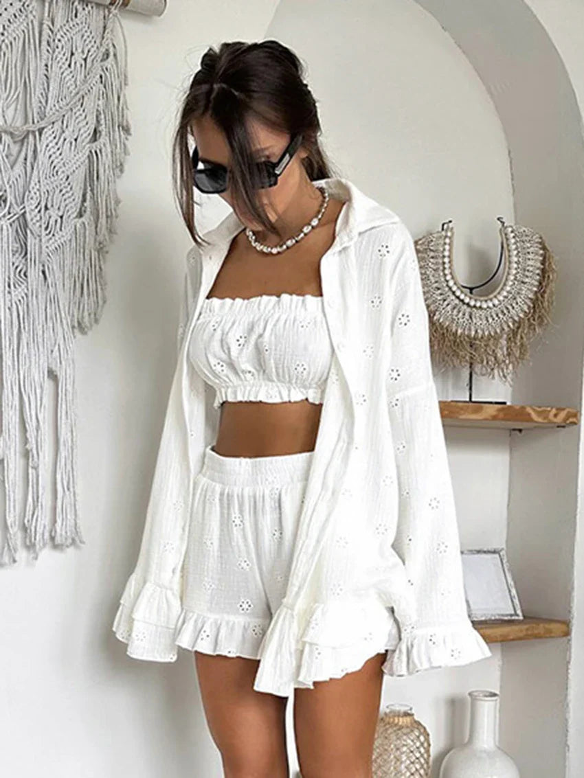 Loungewear - Cotton Eyelet Loungewear 3 Piece Set Short Top with Shirt