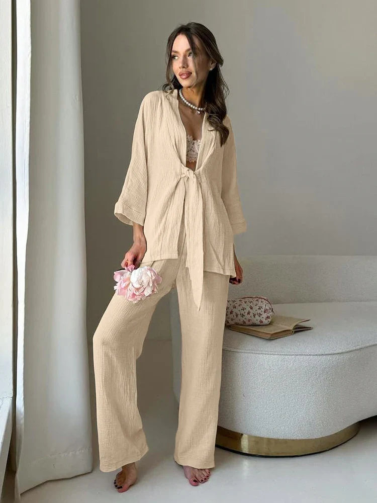 Loungewear- Cotton Lounge Set for Women Robe and Pants- Apricot- IndioGear Women Clothing