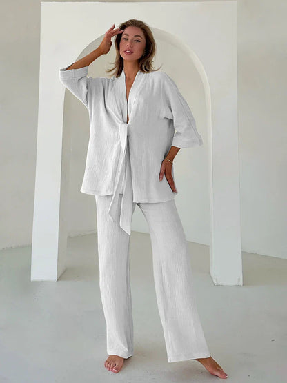 Loungewear- Cotton Lounge Set for Women Robe and Pants- White- IndioGear Women Clothing