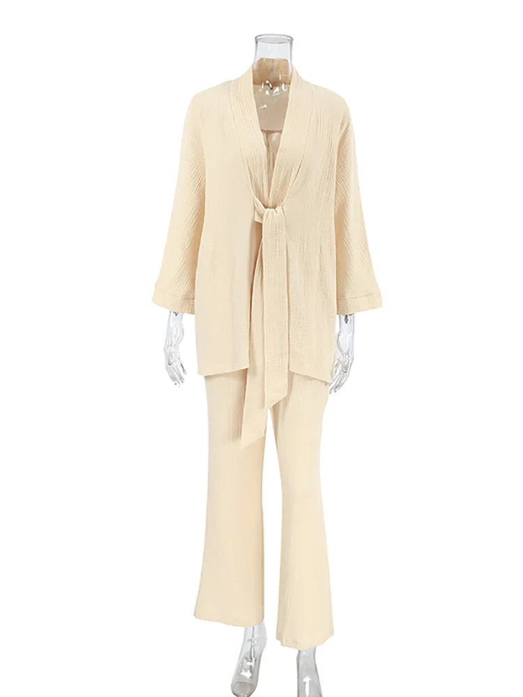 Loungewear- Cotton Lounge Set for Women Robe and Pants- - IndioGear Women Clothing