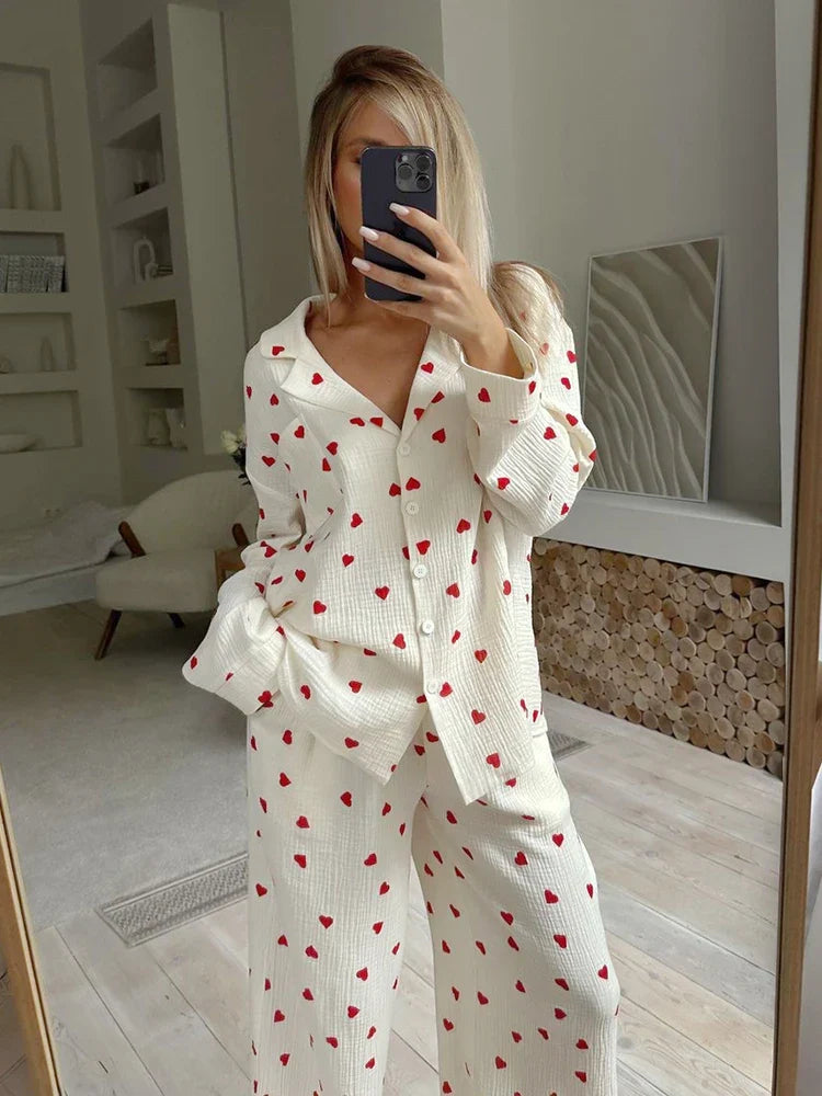 Loungewear- Cotton Love Print Pajamas Women's Long Sleeve Shirt & Pants Set- - IndioGear.com