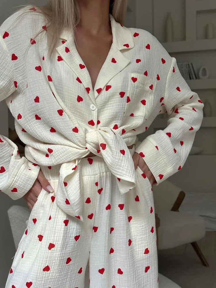 Loungewear- Cotton Love Print Pajamas Women's Long Sleeve Shirt & Pants Set- - IndioGear.com