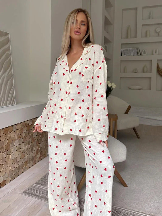 Loungewear- Cotton Love Print Pajamas Women's Long Sleeve Shirt & Pants Set- - IndioGear.com