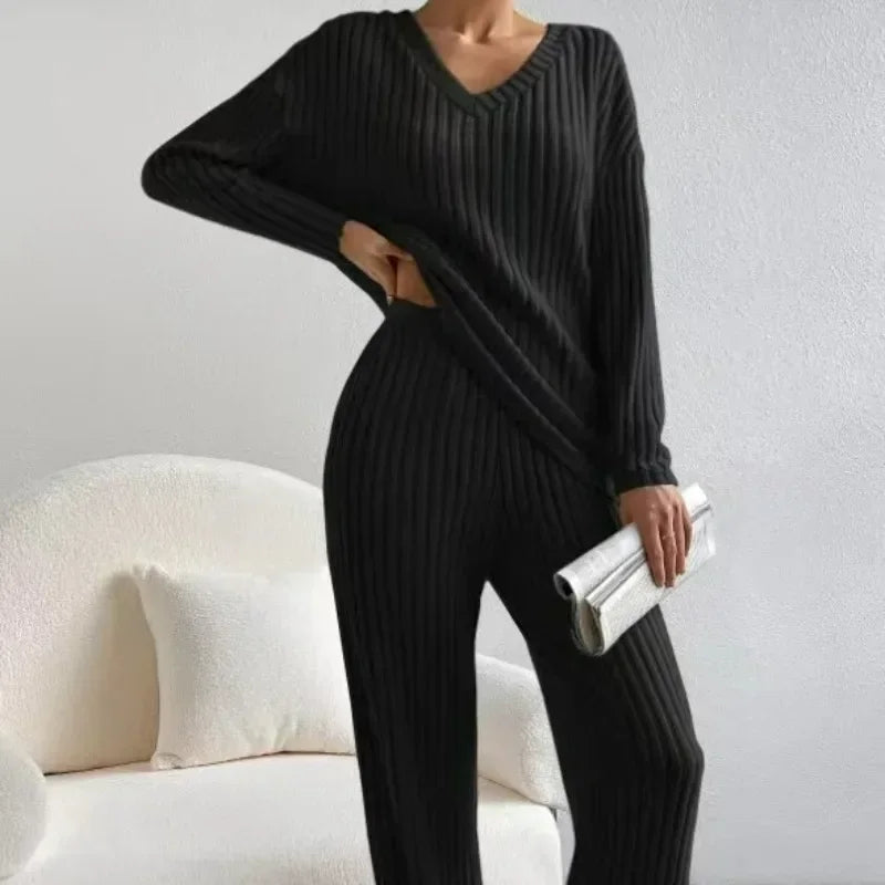 Loungewear - Fall Ribbed Knit Loungewear Set Matching Outfit