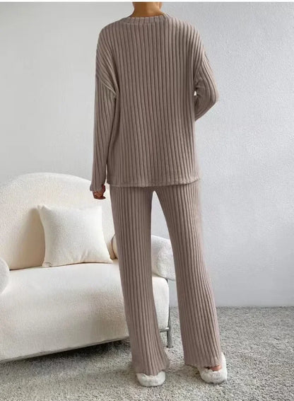 Loungewear - Fall Ribbed Knit Loungewear Set Matching Outfit