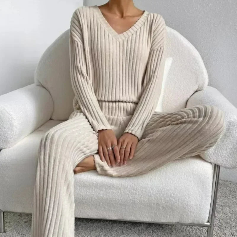 Loungewear - Fall Ribbed Knit Loungewear Set Matching Outfit