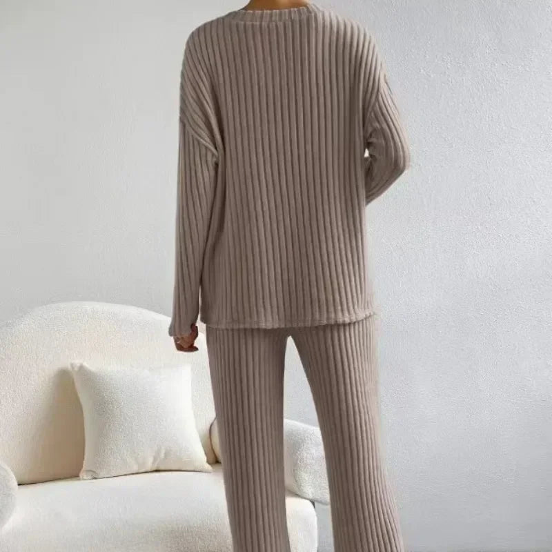 Loungewear - Fall Ribbed Knit Loungewear Set Matching Outfit