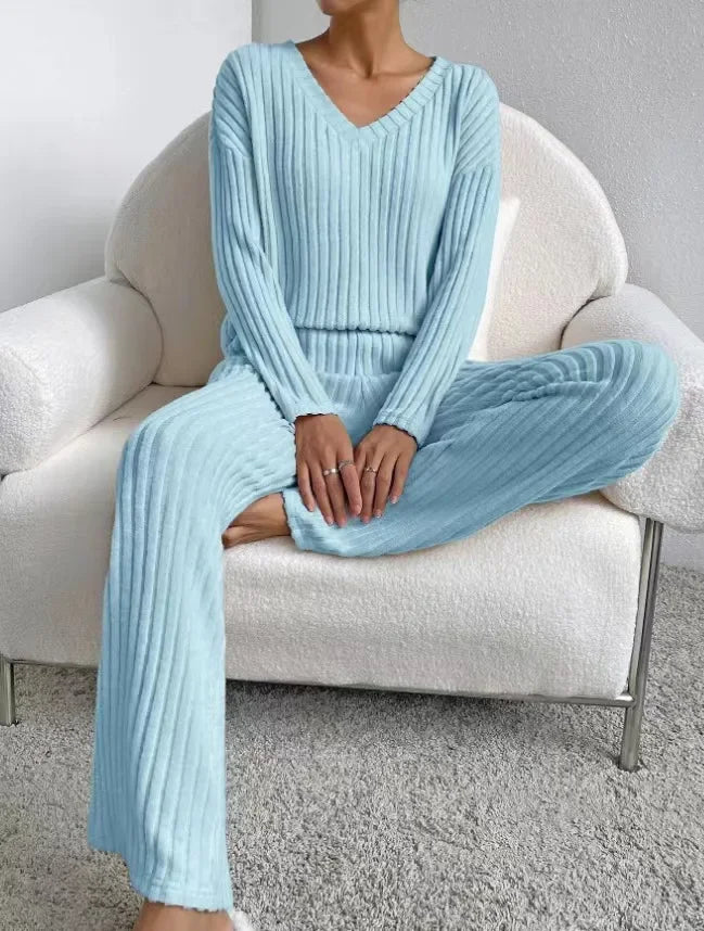 Loungewear - Fall Ribbed Knit Loungewear Set Matching Outfit