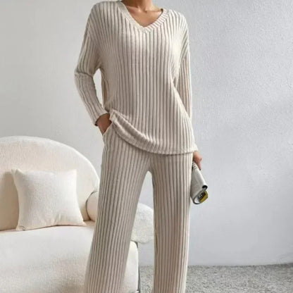 Loungewear - Fall Ribbed Knit Loungewear Set Matching Outfit