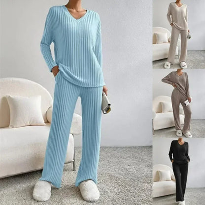 Loungewear - Fall Ribbed Knit Loungewear Set Matching Outfit