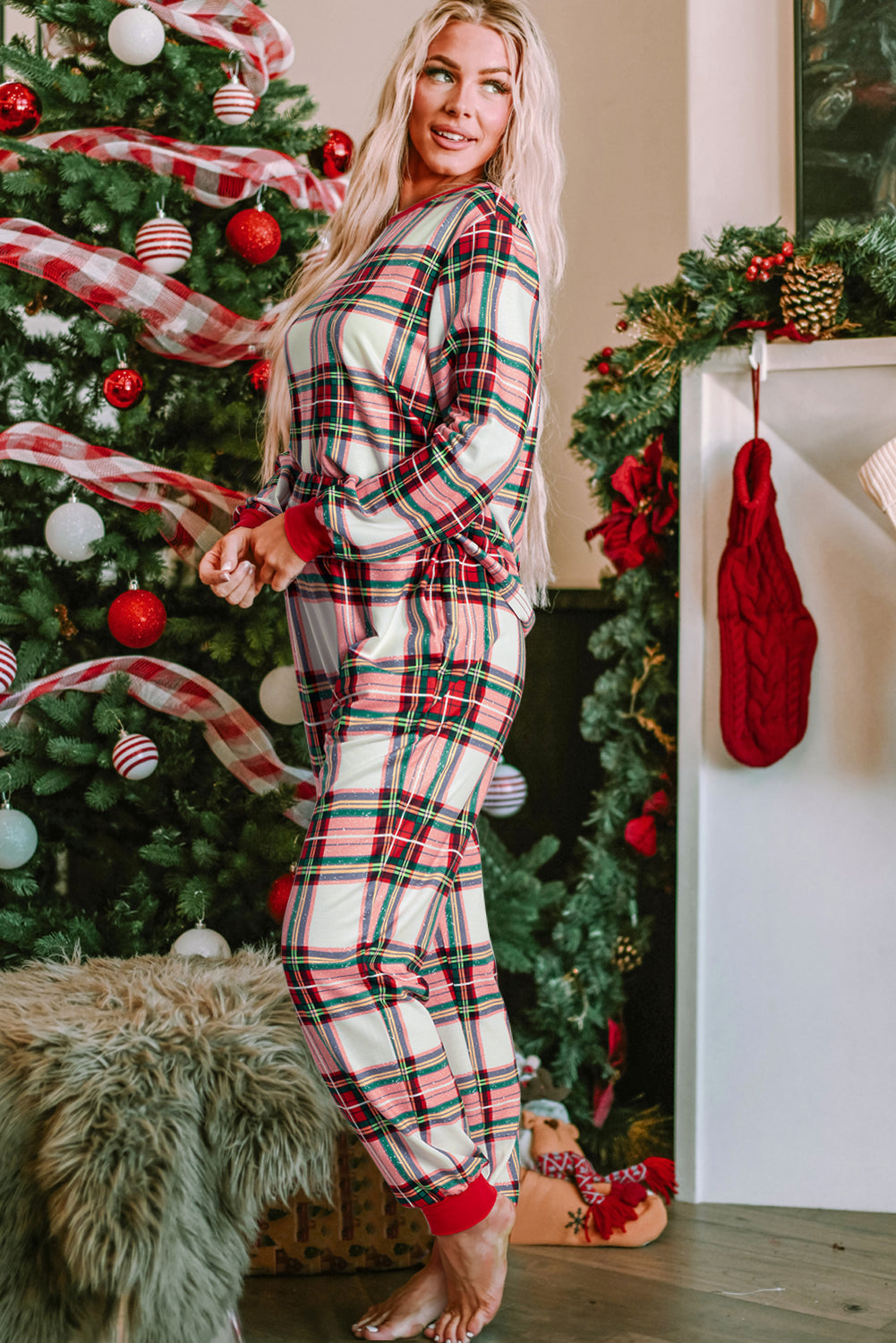 Loungewear- Festive Plaid Christmas Pajama Set Holiday Lounge Pants and Top- - IndioGear Women Clothing