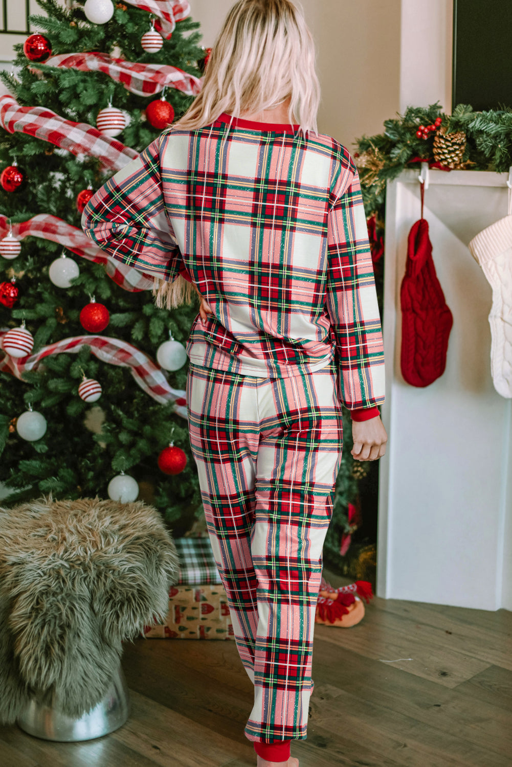 Loungewear- Festive Plaid Christmas Pajama Set Holiday Lounge Pants and Top- - IndioGear Women Clothing