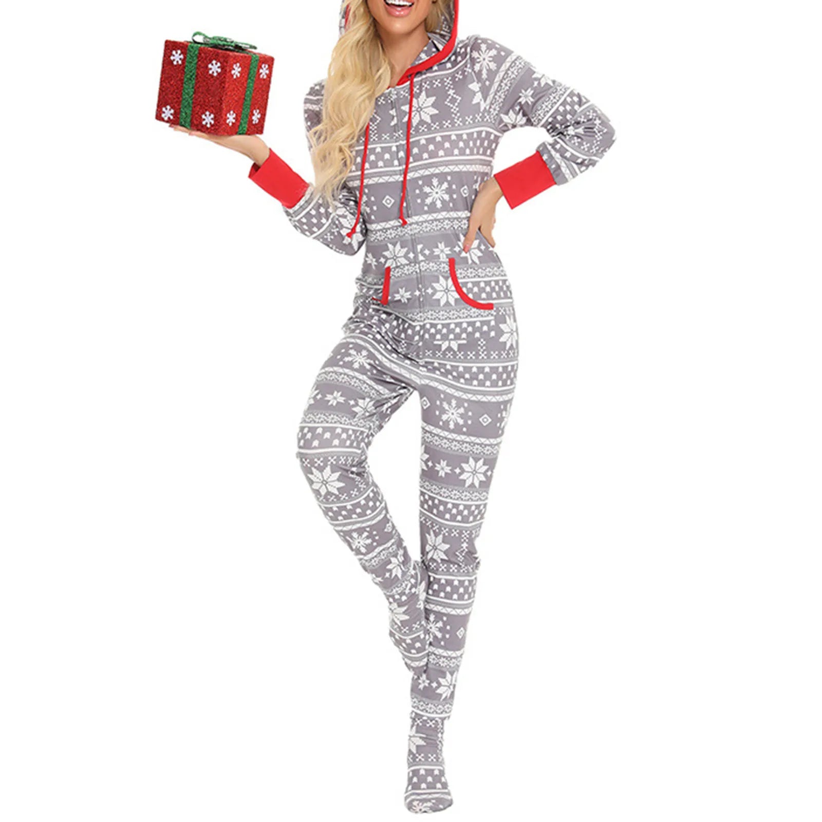 Loungewear- Festive Snowflake Jumpsuit - Hooded Onesie for Women- - IndioGear.com