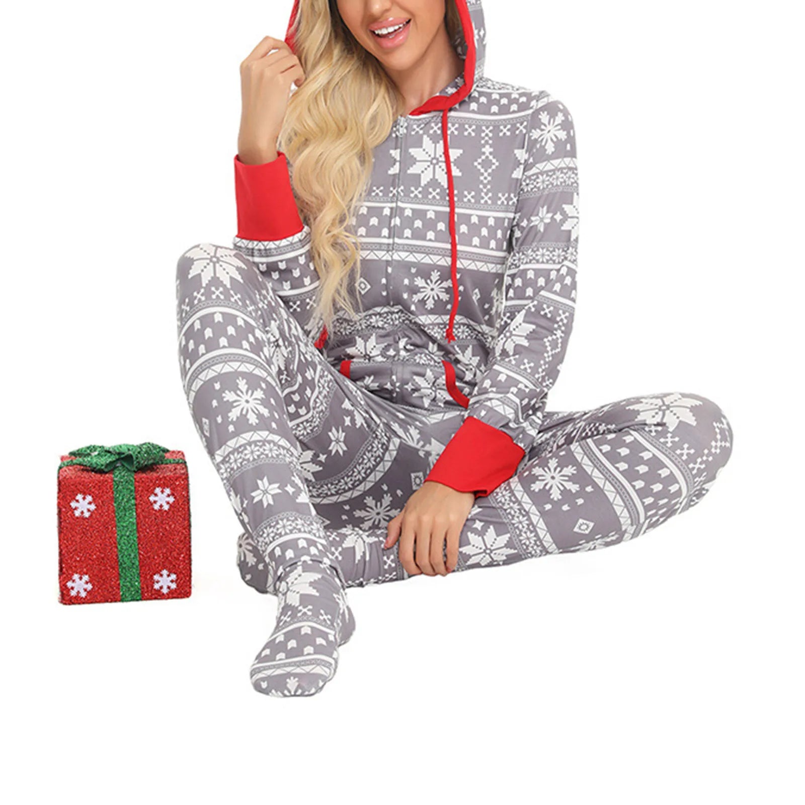 Loungewear- Festive Snowflake Jumpsuit - Hooded Onesie for Women- Grey- IndioGear.com