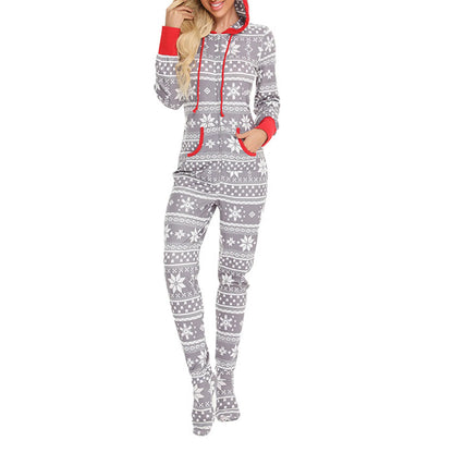 Loungewear- Festive Snowflake Jumpsuit - Hooded Onesie for Women- - IndioGear.com