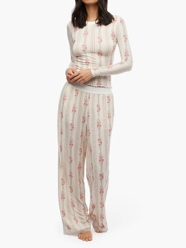 Loungewear- Floral Loungewear Pajama - Women's Long Sleeve Tee & Relaxed Pants Set- White- IndioGear Fashion and Gear