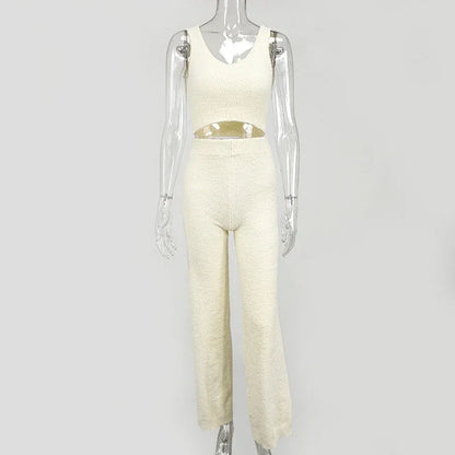 Loungewear- Fluffy Loungewear Collection - Tank, Robe & Pants- Cream Pants & Tank Top- IndioGear.com