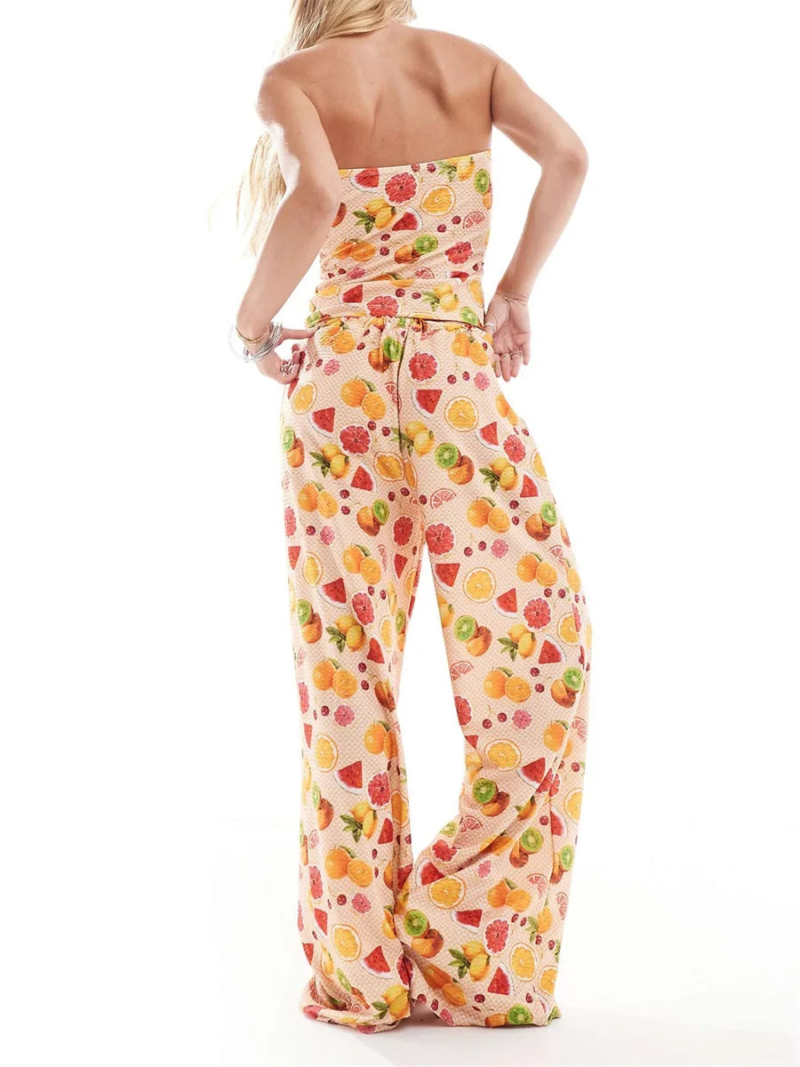 Loungewear- Fruit Print Set Flowy Pants and Tube Top Loungewear- - IndioGear Women Clothing