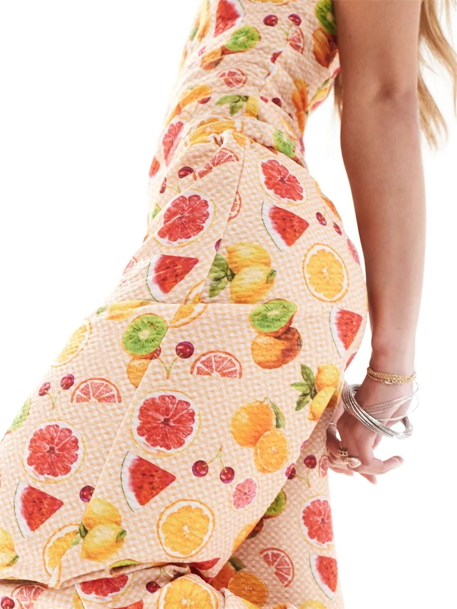 Loungewear- Fruit Print Set Flowy Pants and Tube Top Loungewear- - IndioGear Women Clothing