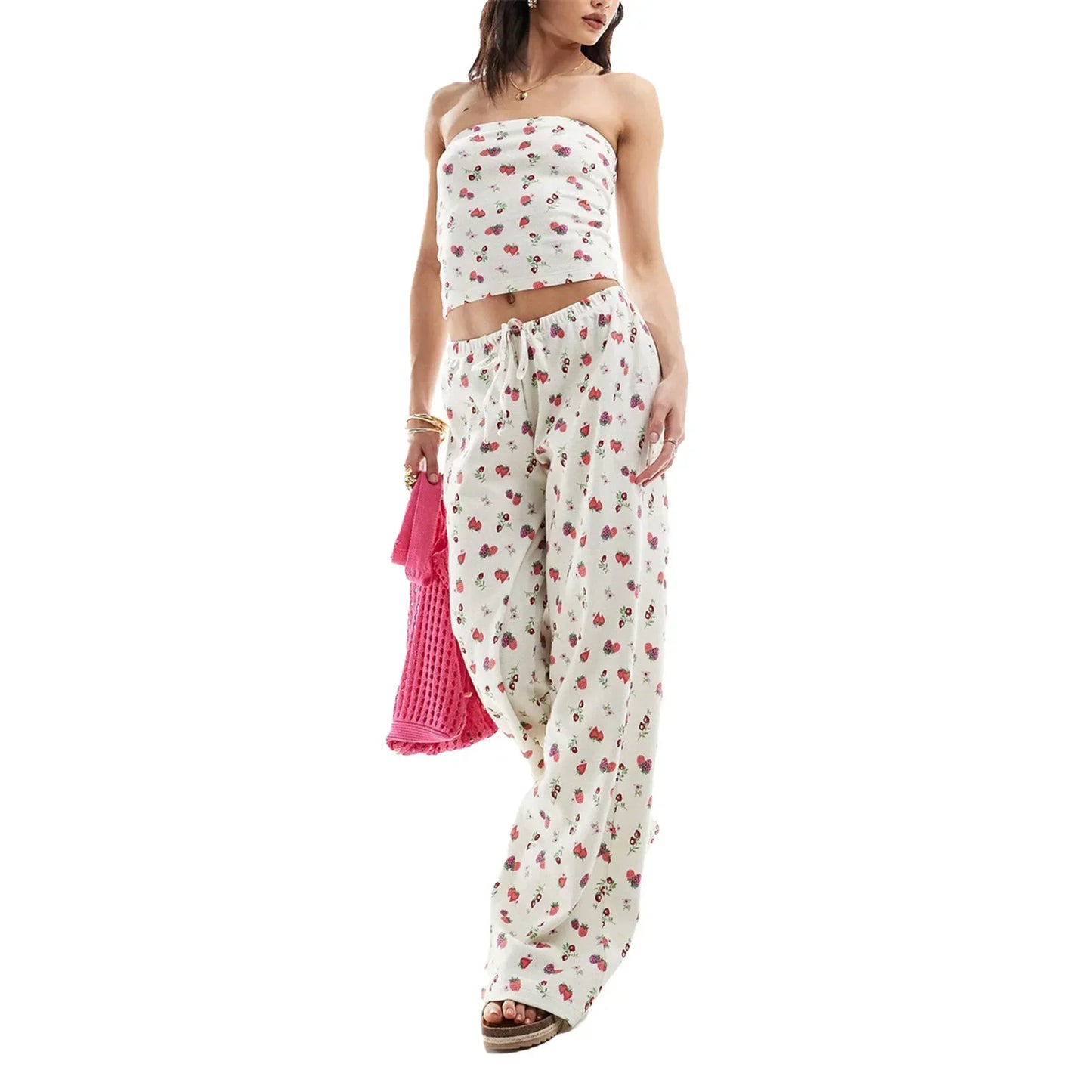 Loungewear- Fruit Print Set Flowy Pants and Tube Top Loungewear- White- IndioGear Women Clothing