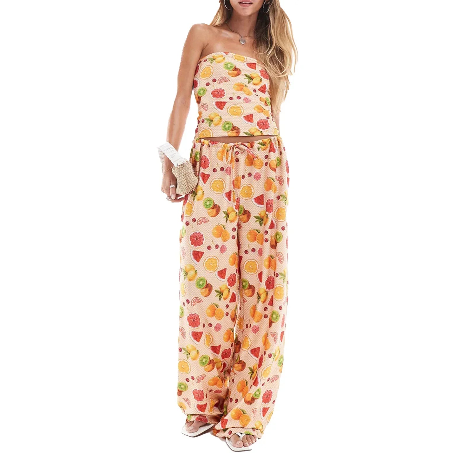 Loungewear- Fruit Print Set Flowy Pants and Tube Top Loungewear- Yellow- IndioGear Women Clothing