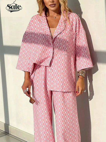 Loungewear - Geometric Print Loungewear Notched Lapel Shirt & Pants