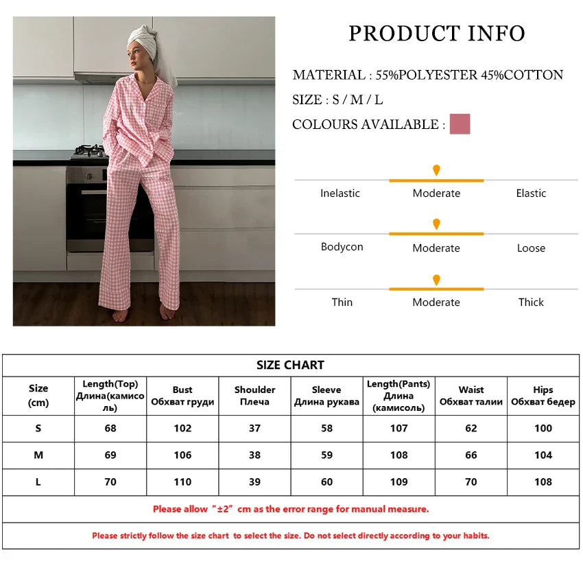 Loungewear - Gingham Loungewear Pajamas Cotton Shirt & Pants 2 Piece Set