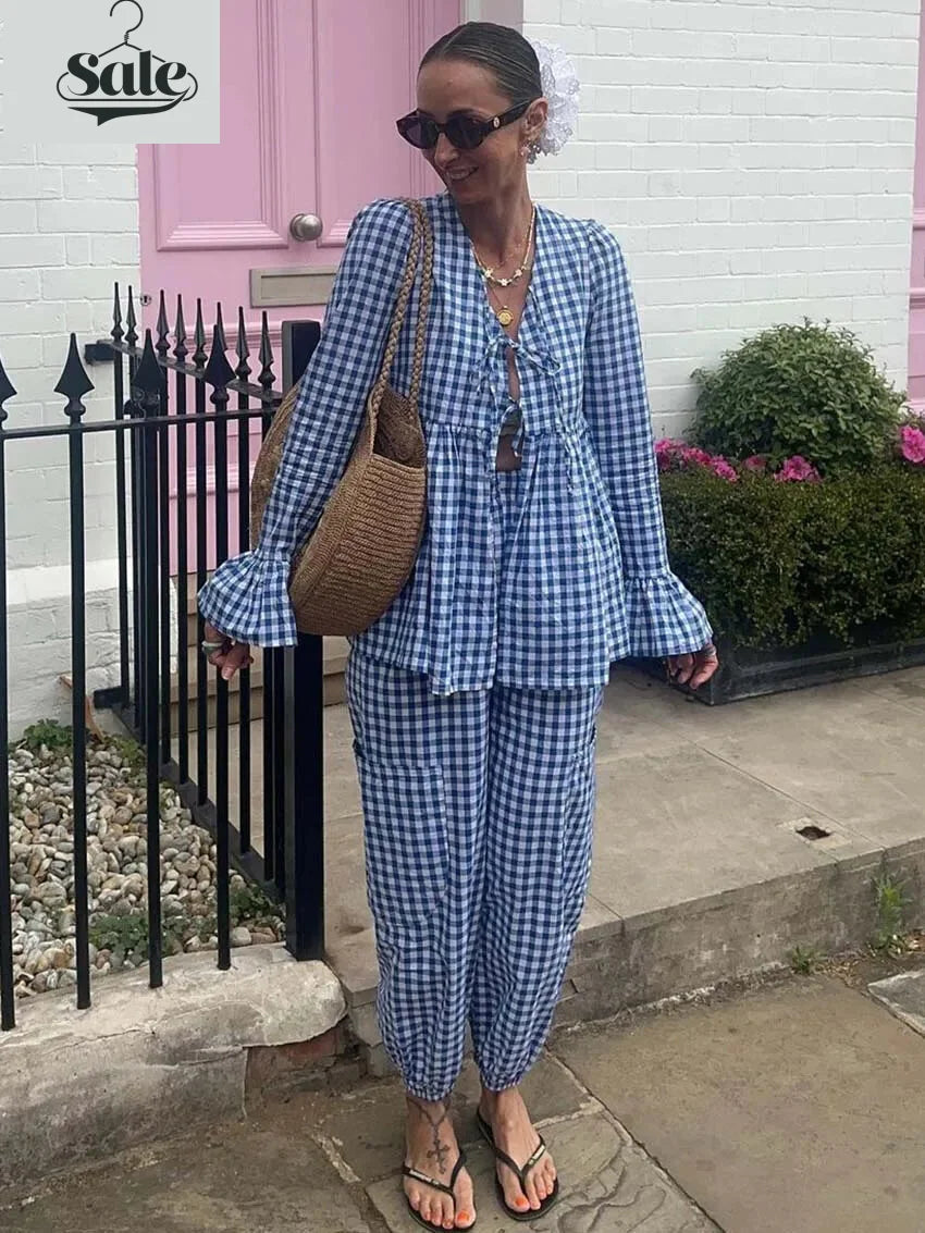 Loungewear - Gingham Outfit Pencil Pants & Tie-Up Shirt in Cotton Blend