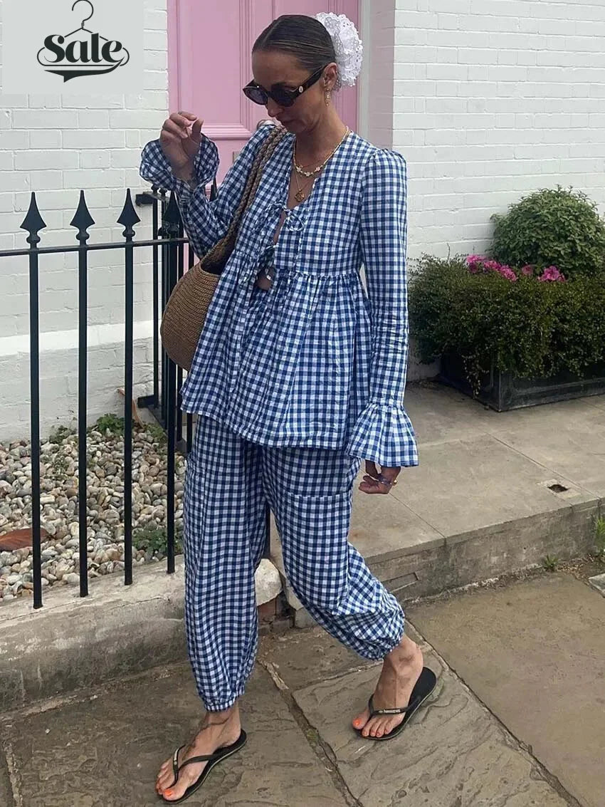 Loungewear - Gingham Outfit Pencil Pants & Tie-Up Shirt in Cotton Blend