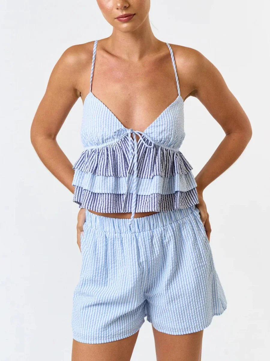 Loungewear- Gingham Peplum Set Loungewear Cami and Shorts- - IndioGear Women Clothing