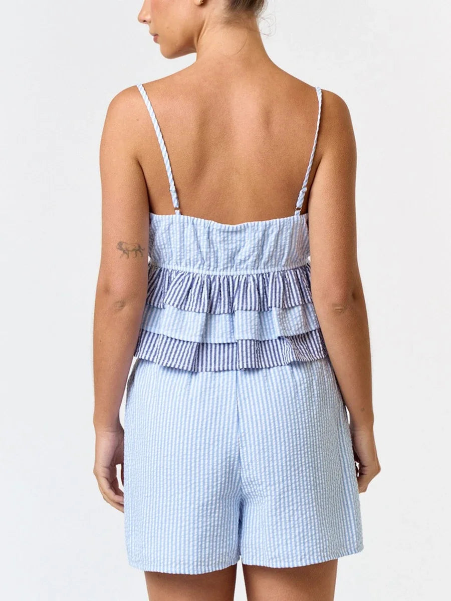 Loungewear- Gingham Peplum Set Loungewear Cami and Shorts- - IndioGear Women Clothing