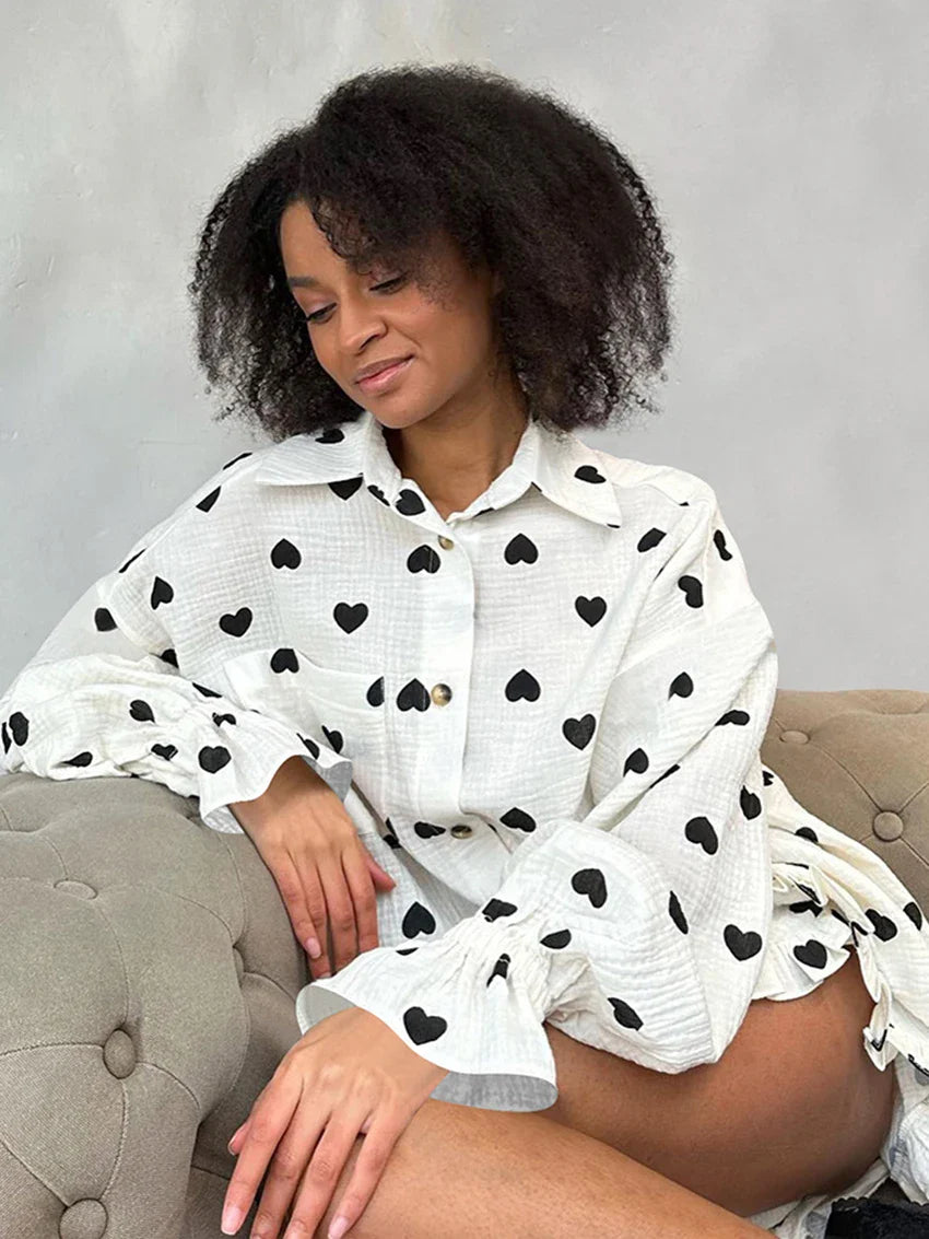 Loungewear - Heart Print Cotton Loungewear Set Shorts and Shirt