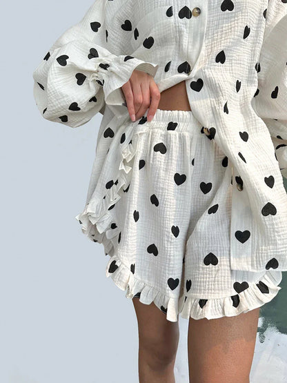 Loungewear - Heart Print Cotton Loungewear Set Shorts and Shirt