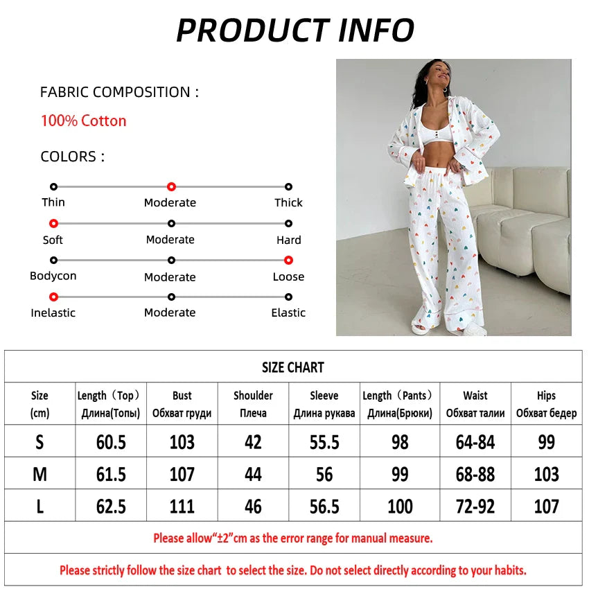 Loungewear- Heart Print Cotton Pajama Set Notch Collar 2-Piece Loungewear- - IndioGear Women Clothing