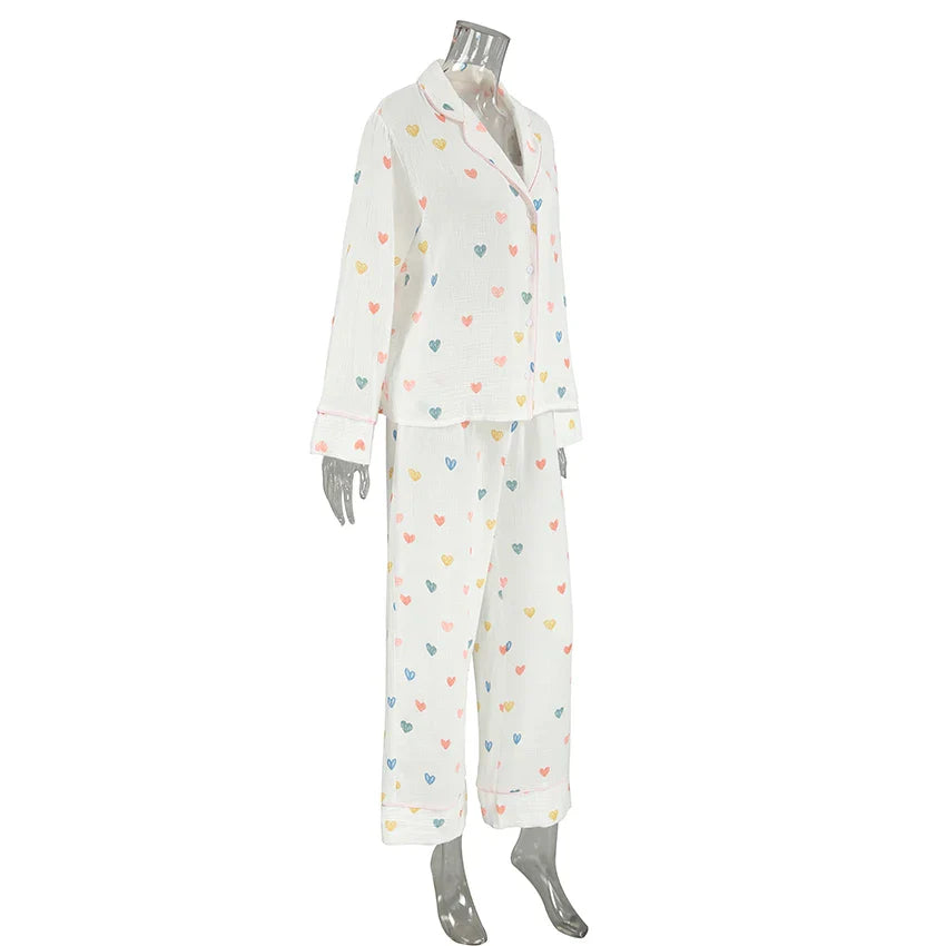 Loungewear- Heart Print Cotton Pajama Set Notch Collar 2-Piece Loungewear- - IndioGear Women Clothing