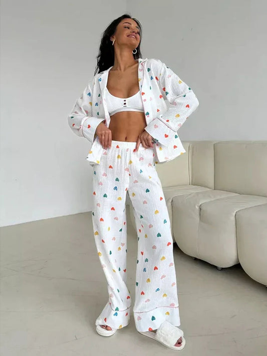 Loungewear- Heart Print Cotton Pajama Set Notch Collar 2-Piece Loungewear- Heart Printing- IndioGear Women Clothing