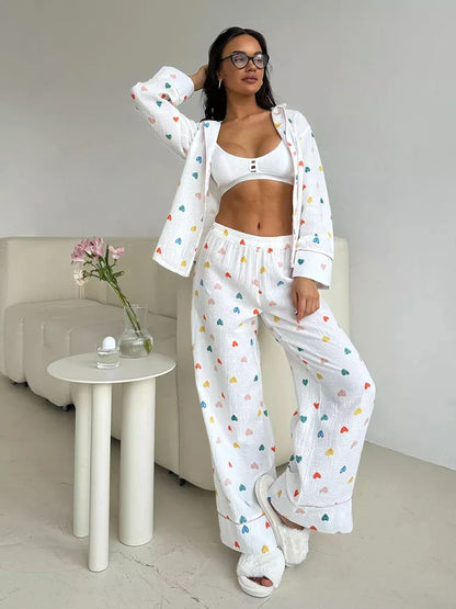 Loungewear- Heart Print Cotton Pajama Set Notch Collar 2-Piece Loungewear- - IndioGear Women Clothing